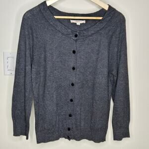 LOFT Women's Gray Scoop Neck Long Sleeve Flocked Button Front Sweater Size M